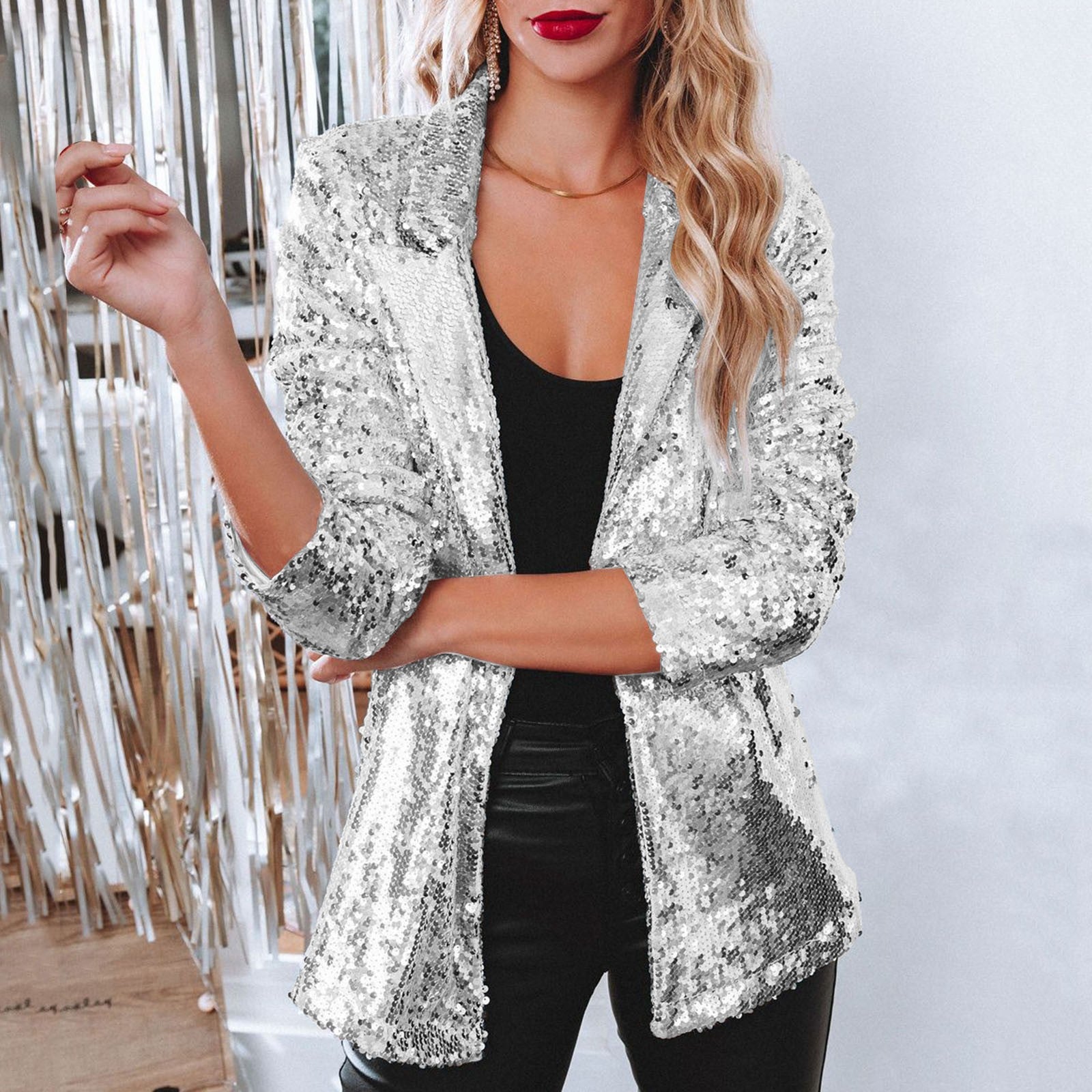 Blazer Women Sequins Shiny Open Long Sleeve for Party Outfits 0