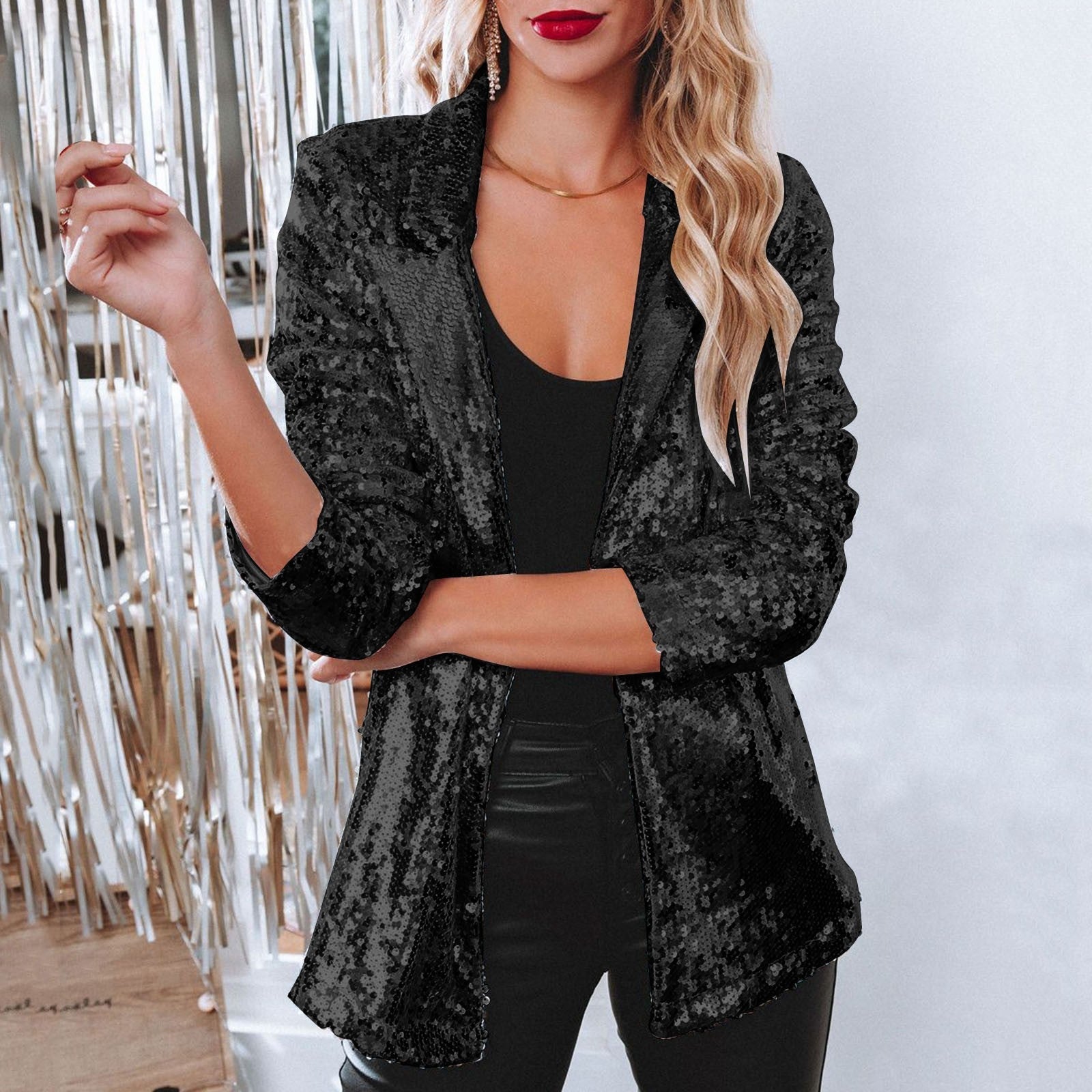 Blazer Women Sequins Shiny Open Long Sleeve for Party Outfits 3
