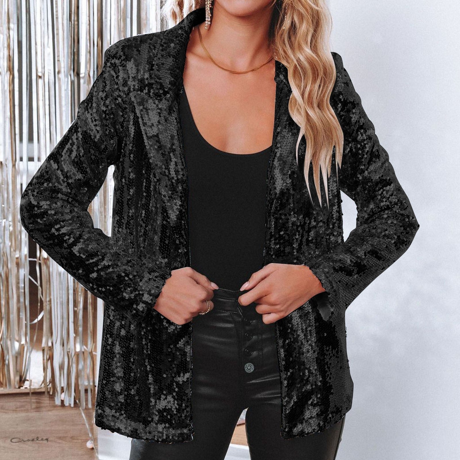 Blazer Women Sequins Shiny Open Long Sleeve for Party Outfits 6