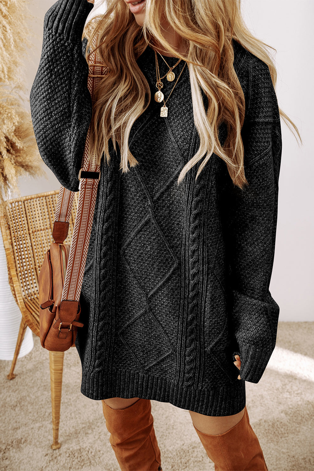 Women’s Cable Pattern Sweater Dress | Loose Fit