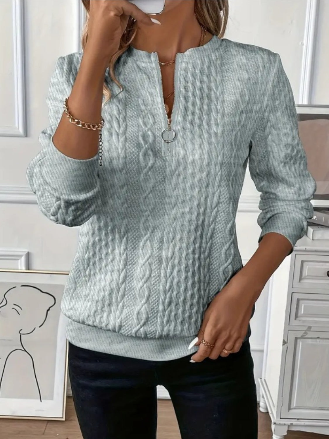 Women’s Textured Half Zip Sweatshirt | Long Sleeve