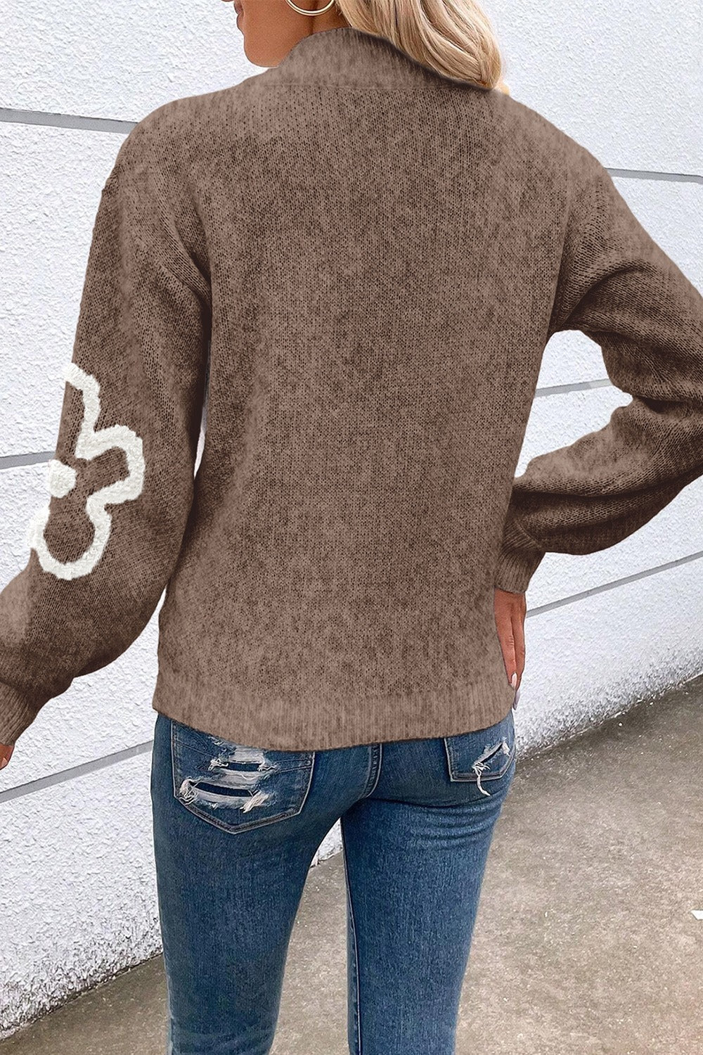 Women’s Flower Half Zip Sweater | Dropped Shoulder