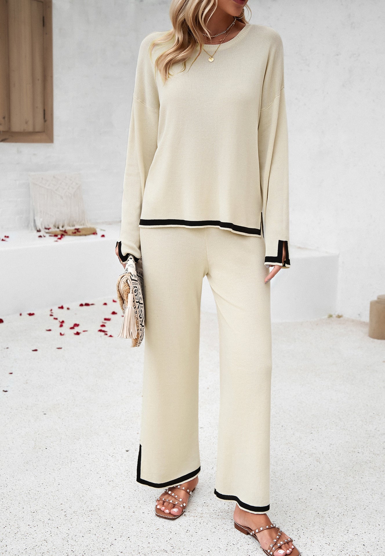 Knitted set with plain long-sleeved shirt and trousers 3