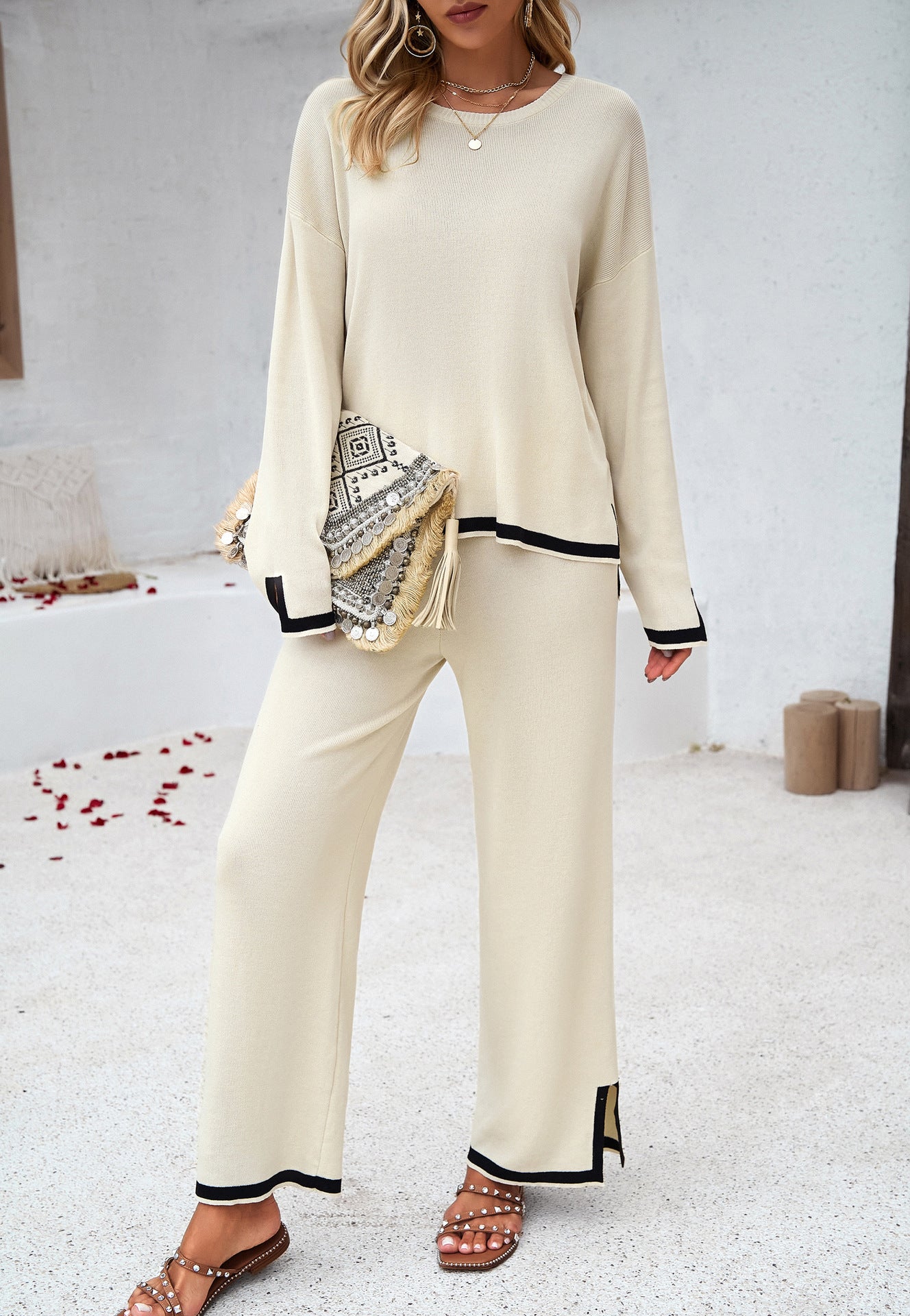 Knitted set with plain long-sleeved shirt and trousers 4
