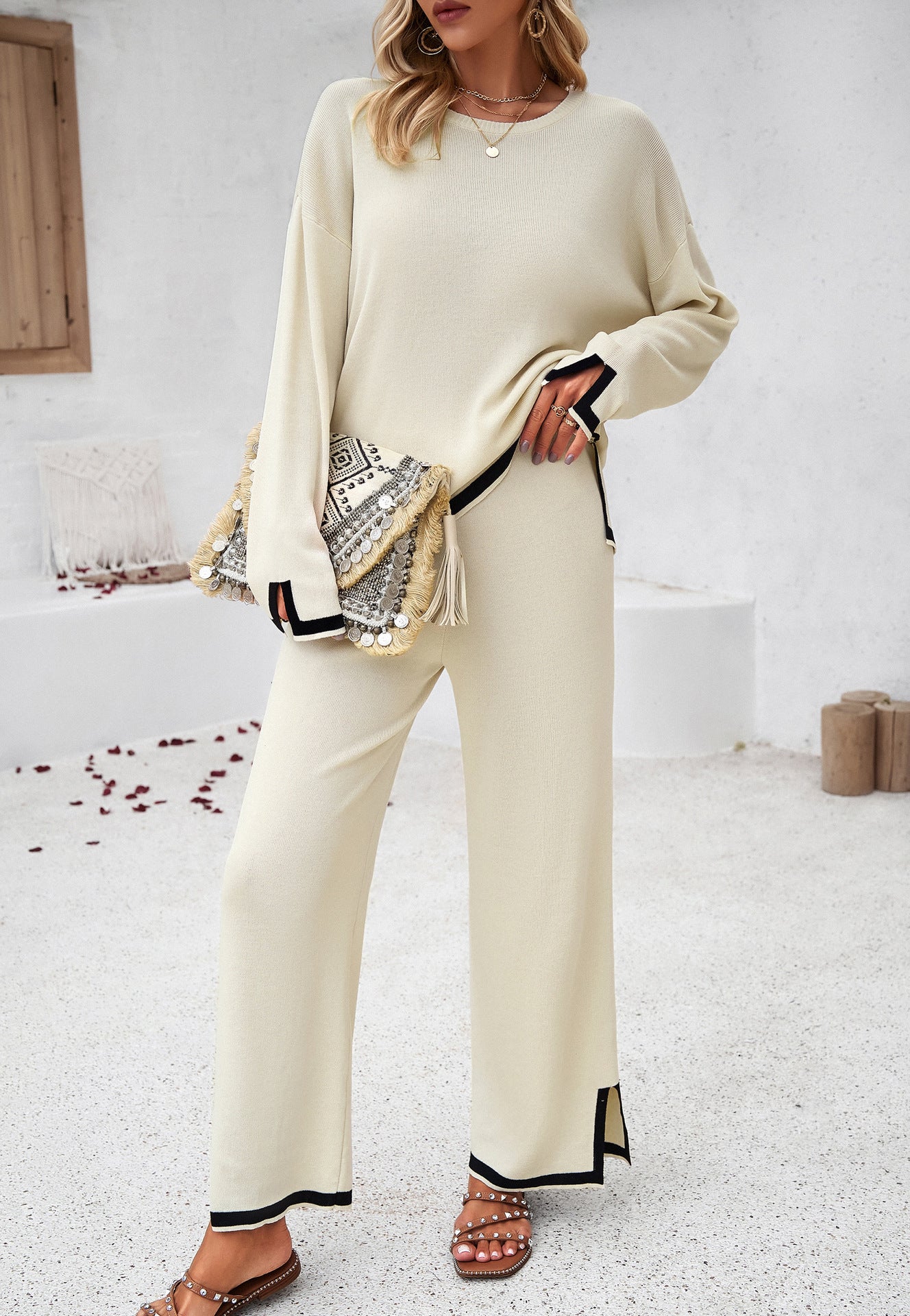 Knitted set with plain long-sleeved shirt and trousers 5