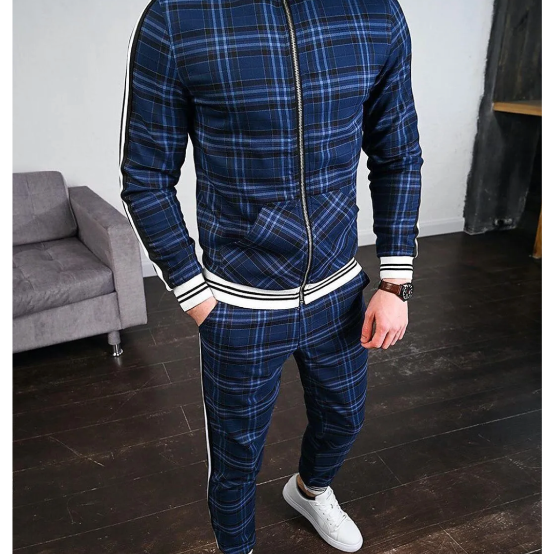 Men's Checked Classic Zipper Tracksuit Set | Two Pieces 1