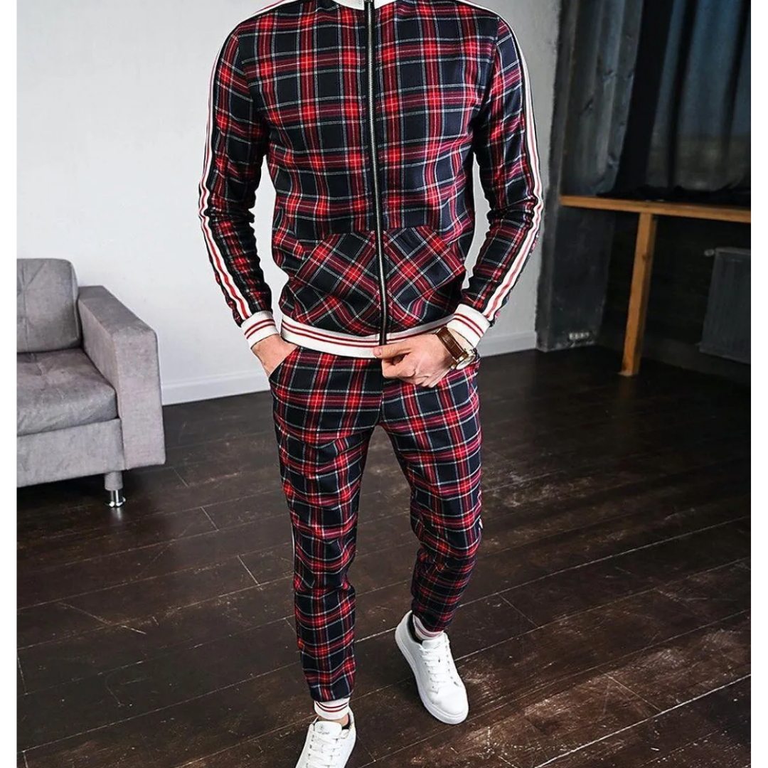 Men's Checked Classic Zipper Tracksuit Set | Two Pieces 2