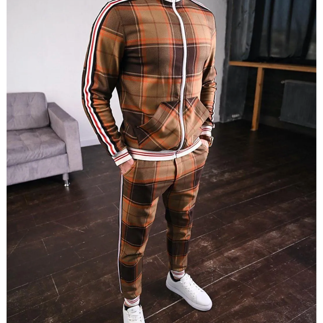 Men's Checked Classic Zipper Tracksuit Set | Two Pieces 3
