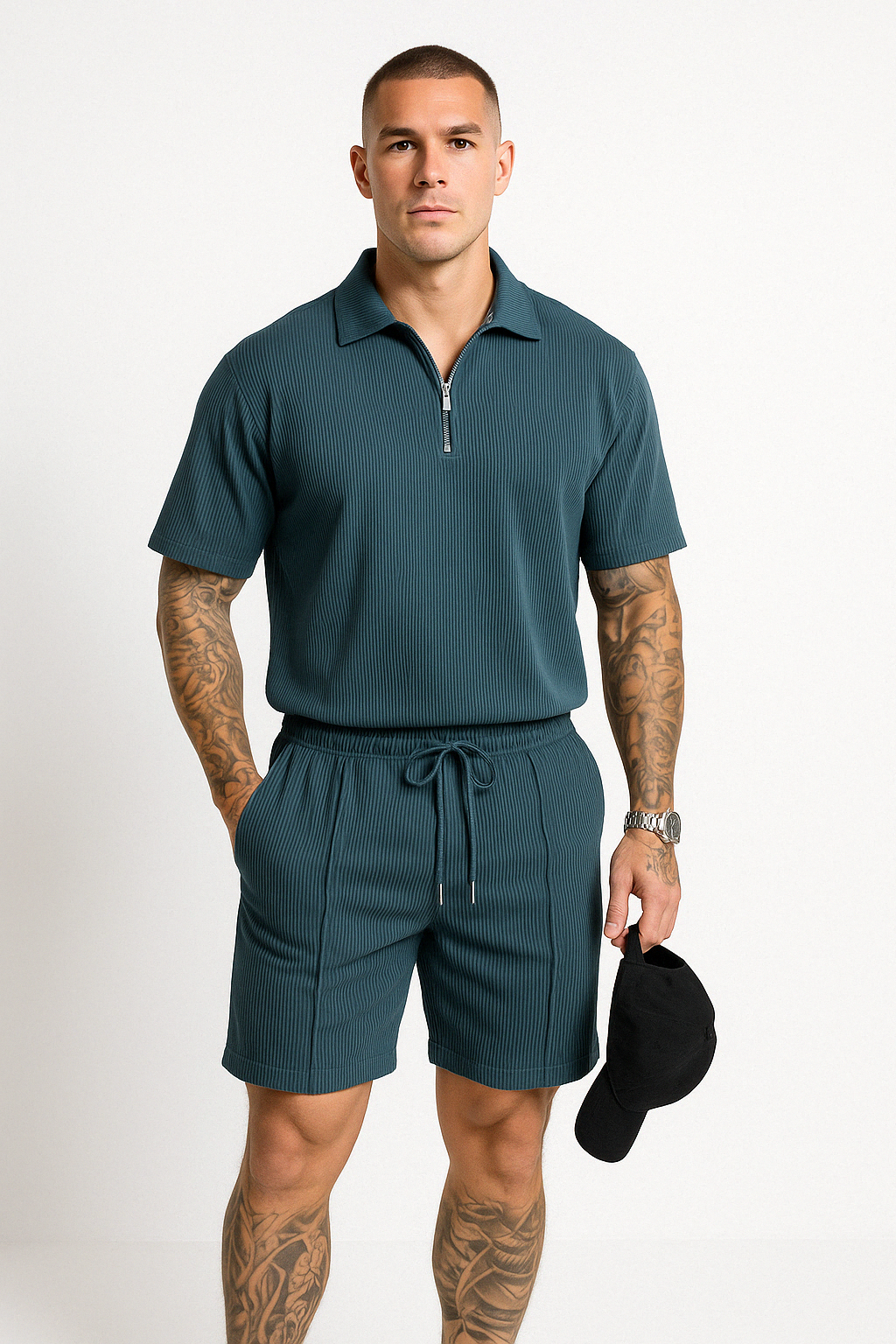 Men’s Polo and Shorts Set – Relaxed Fit – Zipper Neck – Drawstring Waist – Breathable Cotton 1