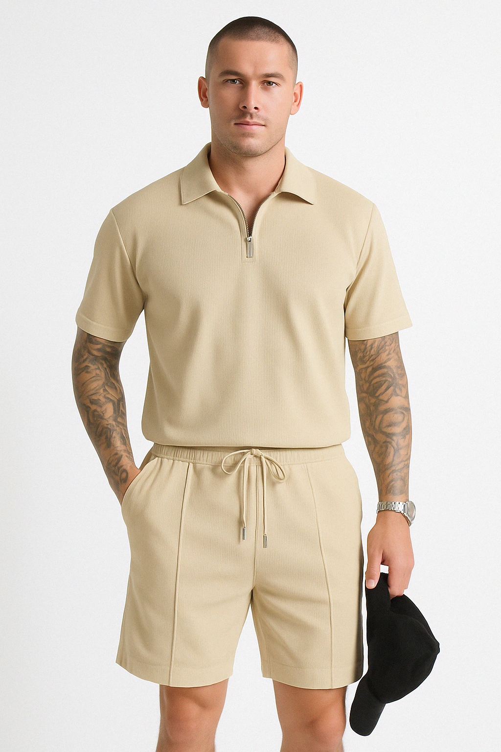 Men’s Polo and Shorts Set – Relaxed Fit – Zipper Neck – Drawstring Waist – Breathable Cotton 2