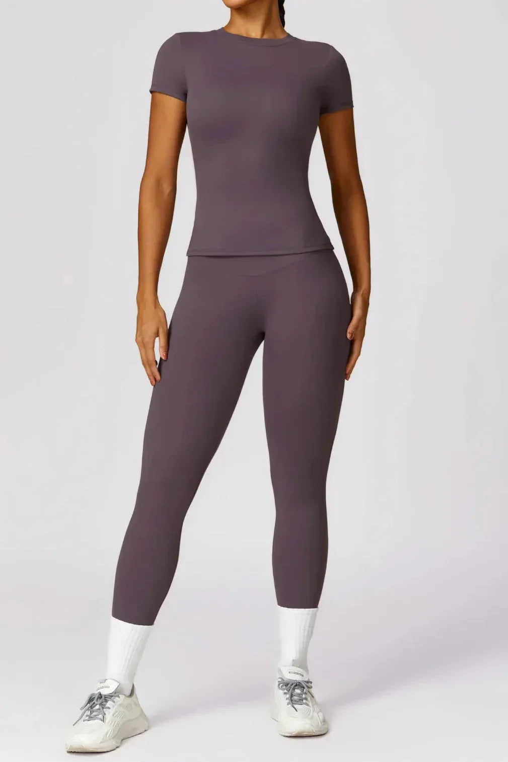 Women's Activewear Set - Seamless High-Waisted Leggings & Fitted Crew Neck T-Shirt 1