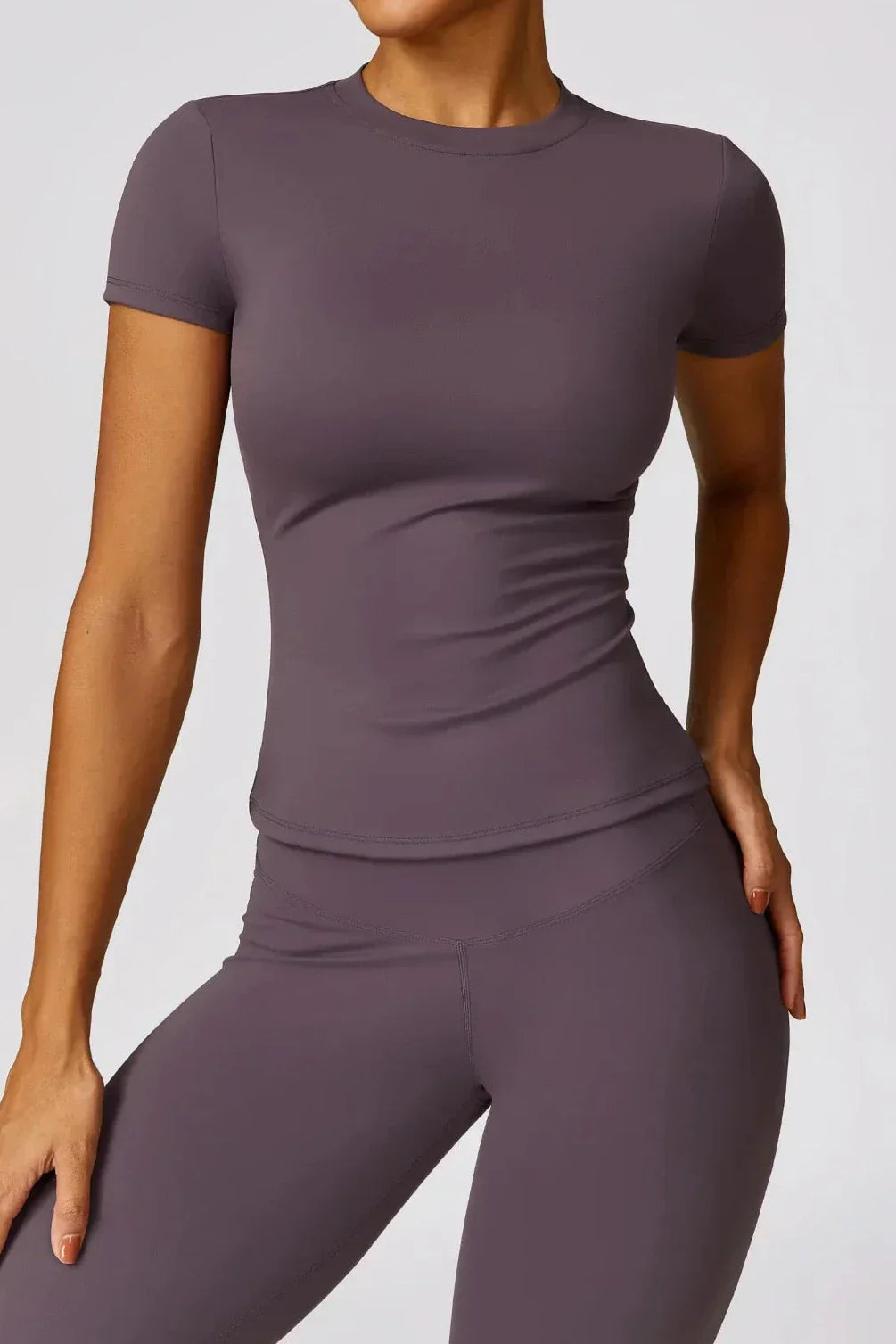 Women's Activewear Set - Seamless High-Waisted Leggings & Fitted Crew Neck T-Shirt 3