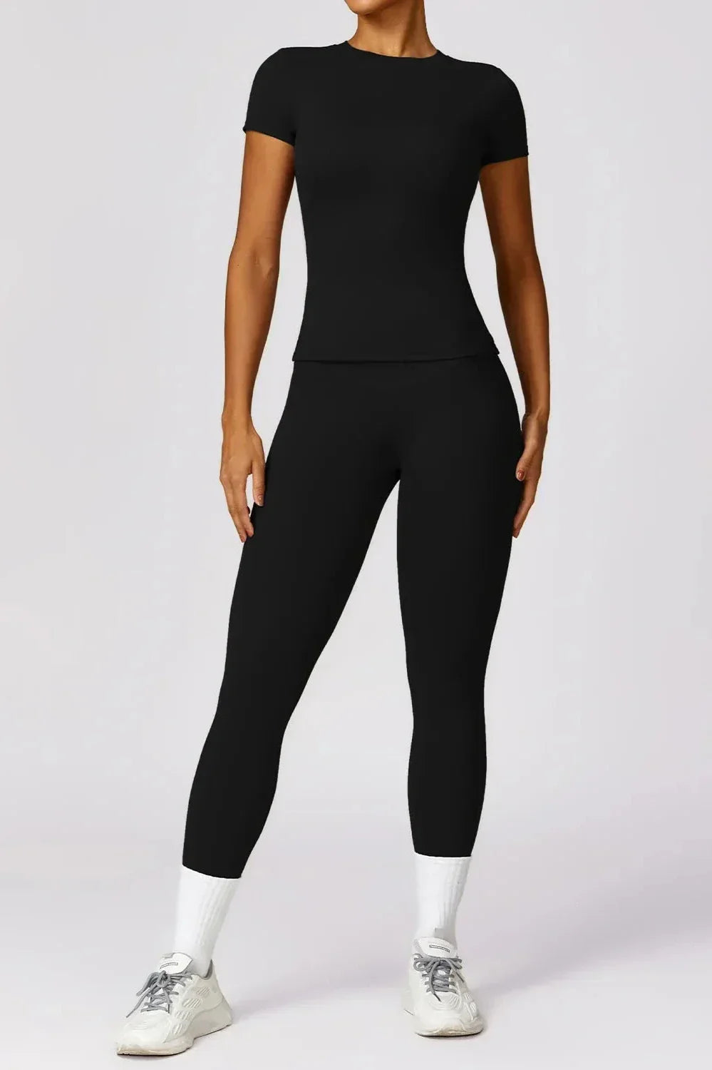 Women's Activewear Set - Seamless Short Sleeve Top & High-Waisted Leggings - Stretch Fit 1