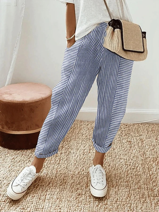 Women’s Casual Striped Pants - Relaxed Fit, Elastic Waist, Lightweight & Breathable 0