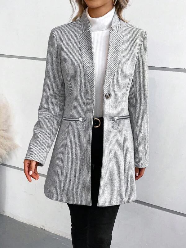 Women’s Collarless Blazer Coat | Elegant Longline Design with Pockets 5
