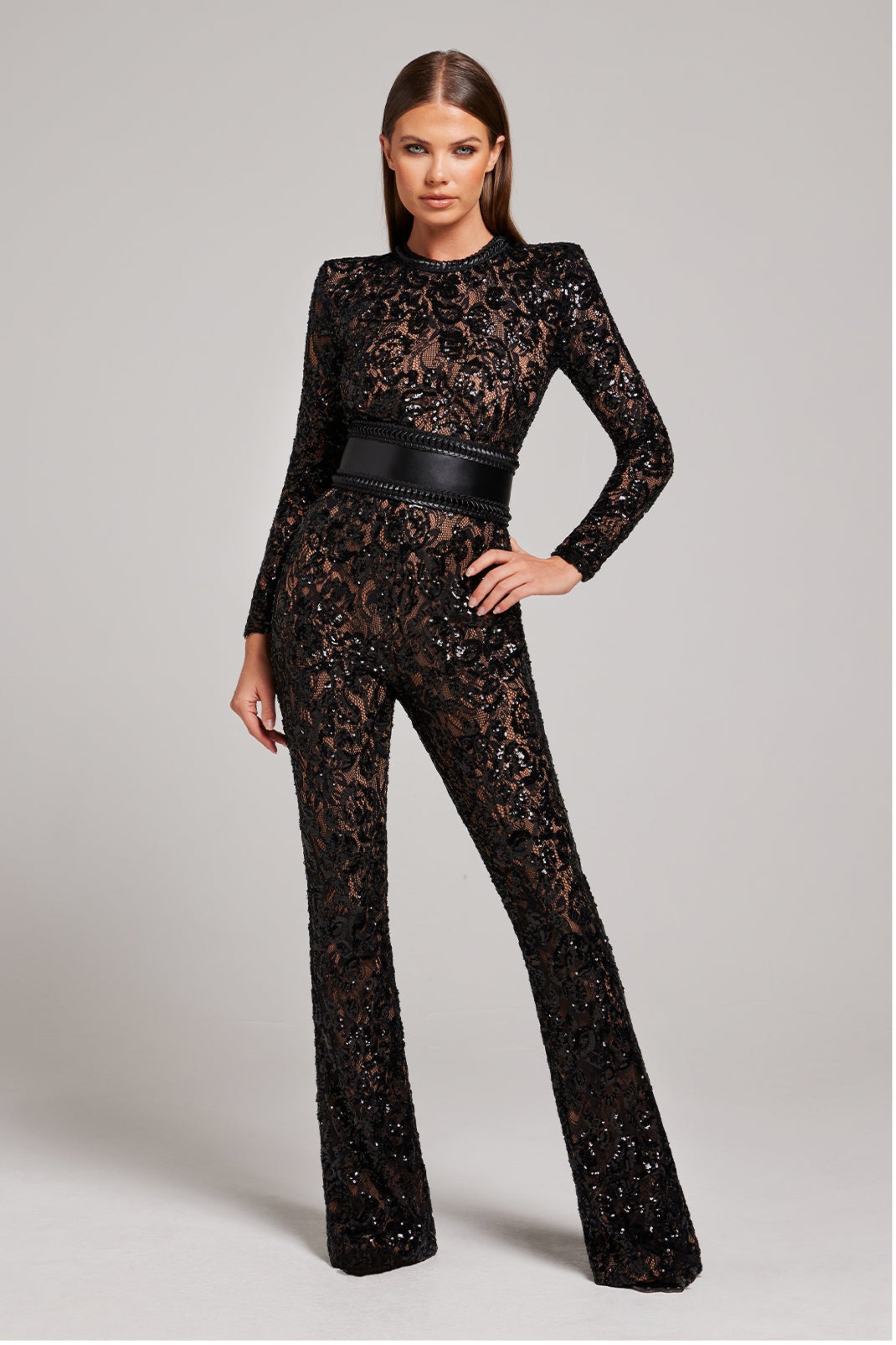 Women’s Lace Jumpsuit - Belted- Long Sleeve - Full Length - Fitted Waist 0