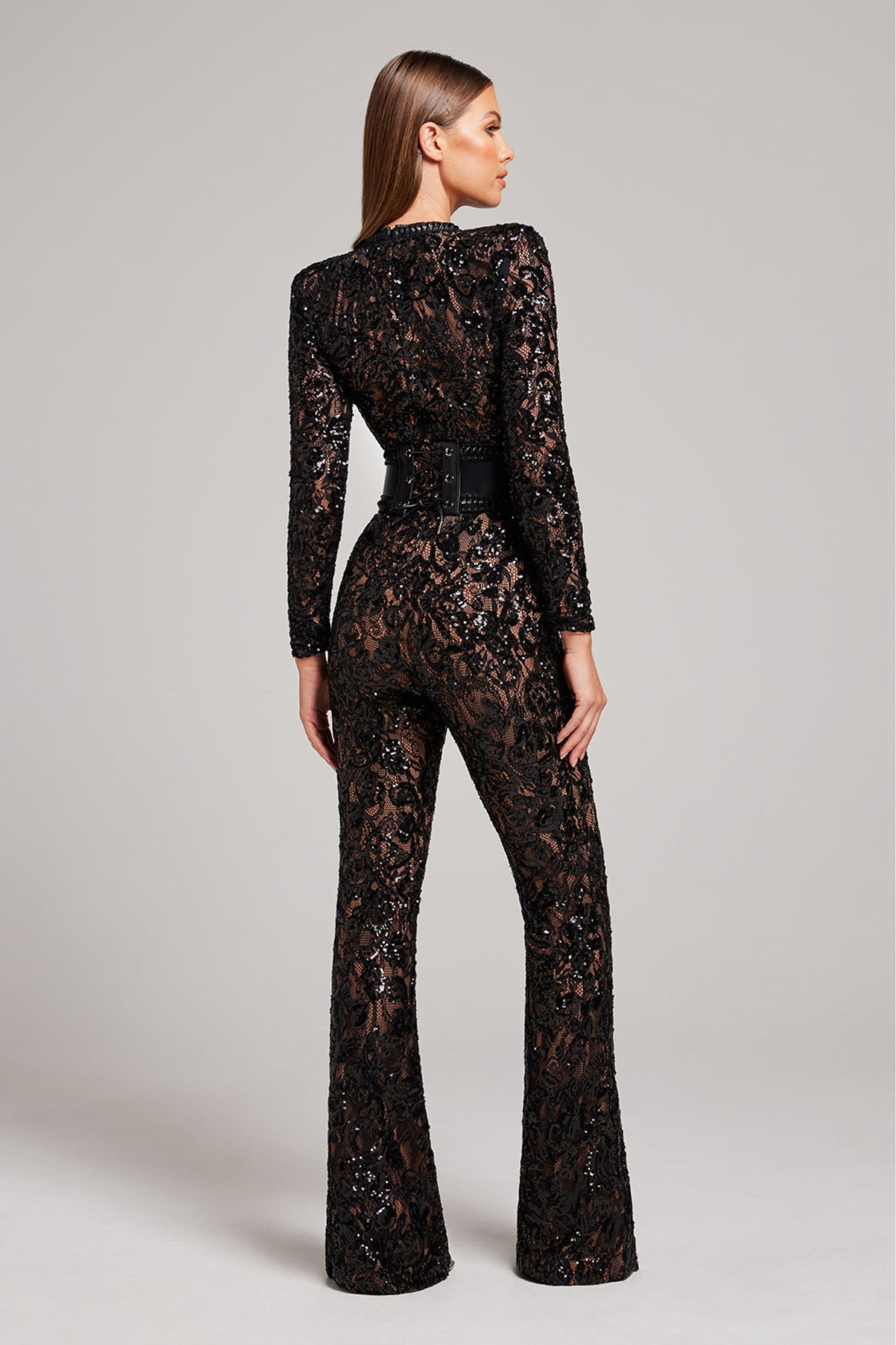 Women’s Lace Jumpsuit - Belted- Long Sleeve - Full Length - Fitted Waist 2