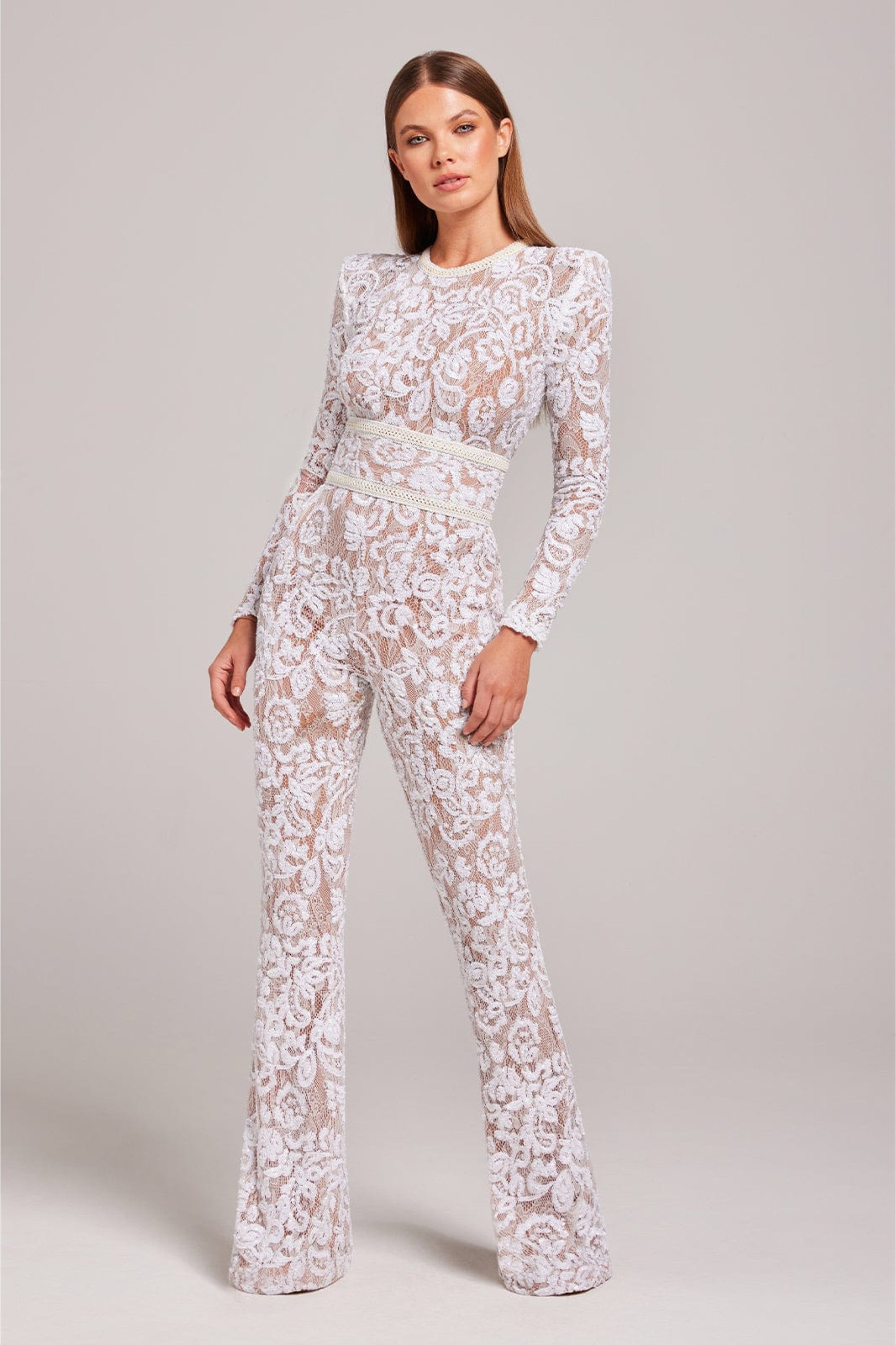 Women’s Lace Jumpsuit - Belted- Long Sleeve - Full Length - Fitted Waist 4