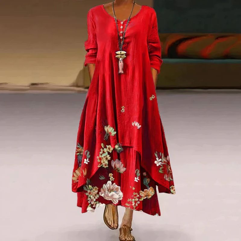 Women's Summer Double Layered Long Sleeve Printed Maxi Dress 3