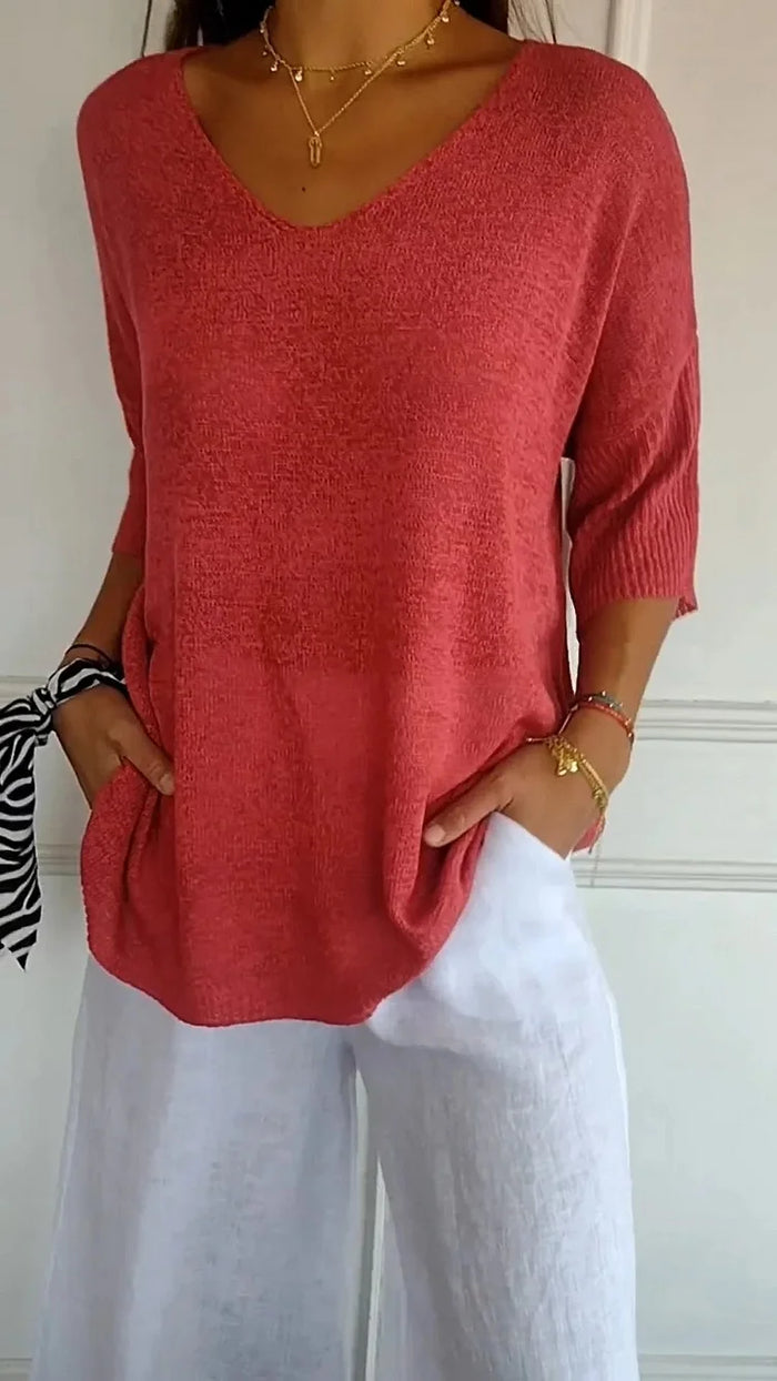 Women's V-neck knitted top with 3/4 sleeves 0