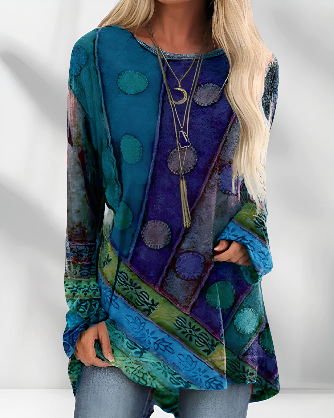 Women's colorful long-sleeved blouse with patchwork pattern 1
