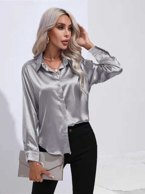Women's elegant loose satin long sleeve blouse 1