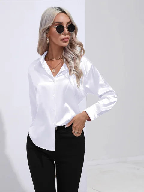 Women's elegant loose satin long sleeve blouse 10