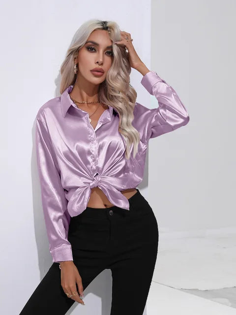 Women's elegant loose satin long sleeve blouse 11