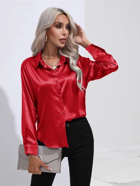 Women's elegant loose satin long sleeve blouse 12