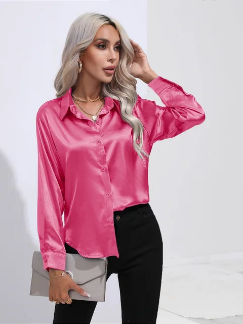 Women's elegant loose satin long sleeve blouse 14