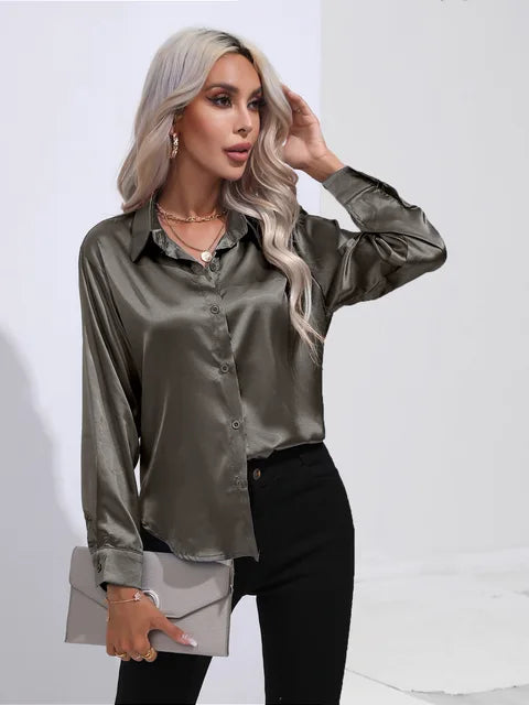 Women's elegant loose satin long sleeve blouse 4