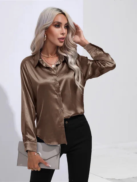 Women's elegant loose satin long sleeve blouse 5