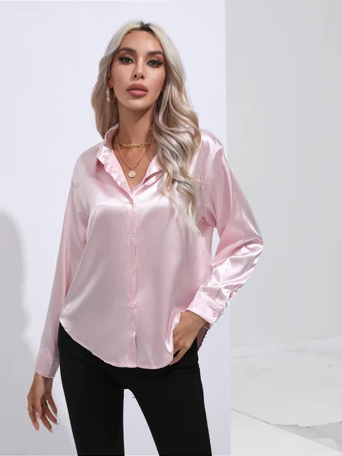 Women's elegant loose satin long sleeve blouse 7