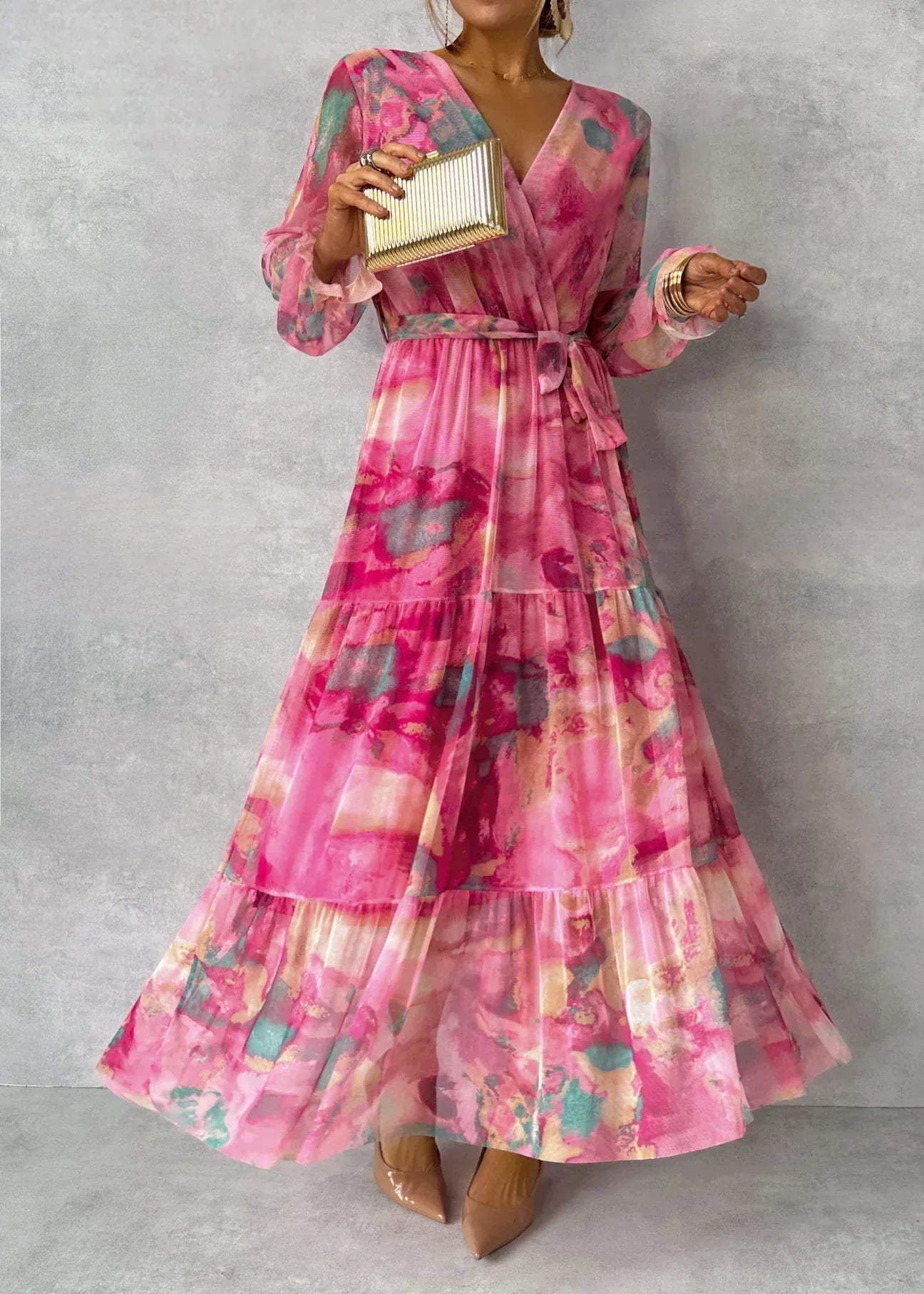 Women's wrap dress with flower pattern and long sleeves Maxi 1