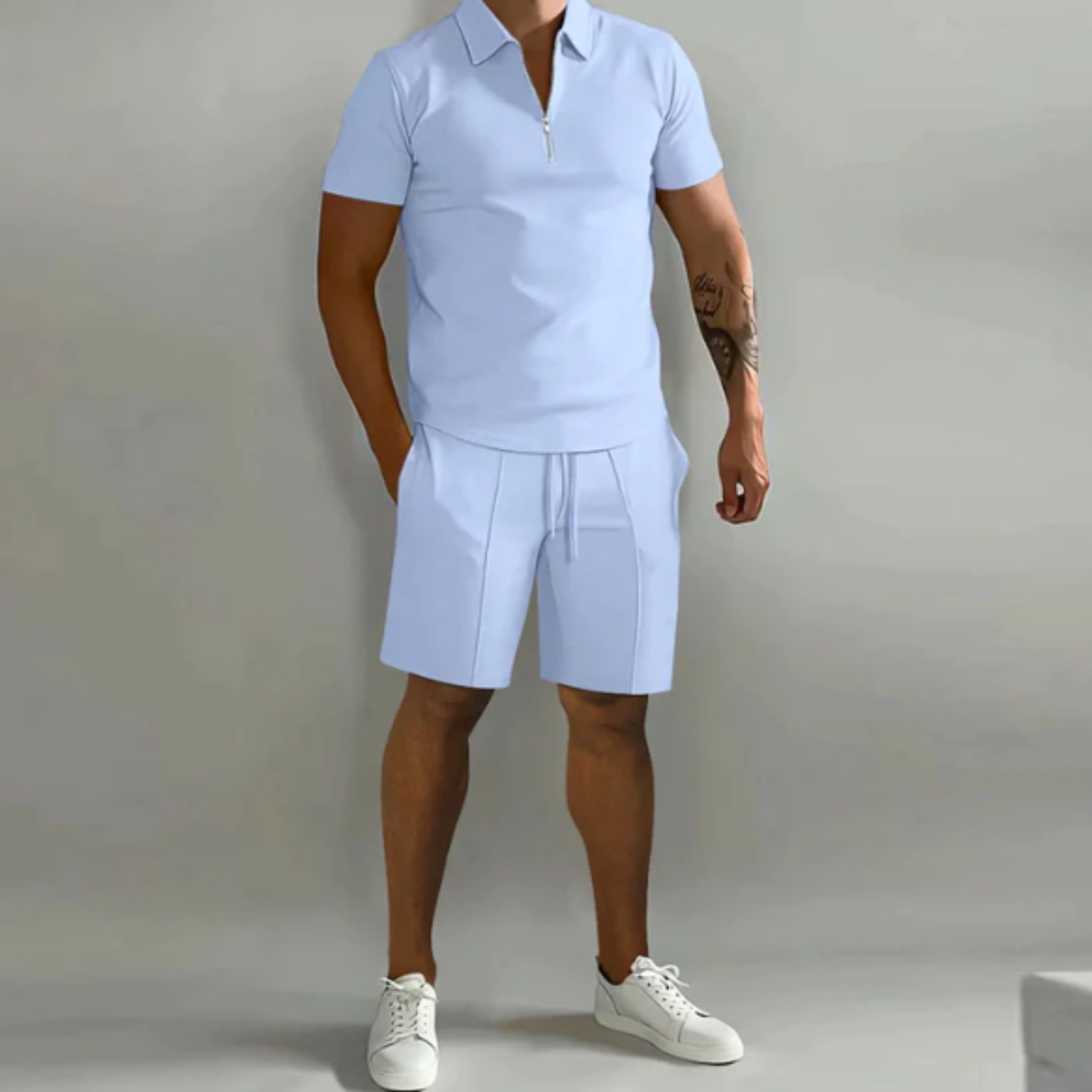 Men’s Polo and Shorts Set | Zipper Collar and Drawstring Fit