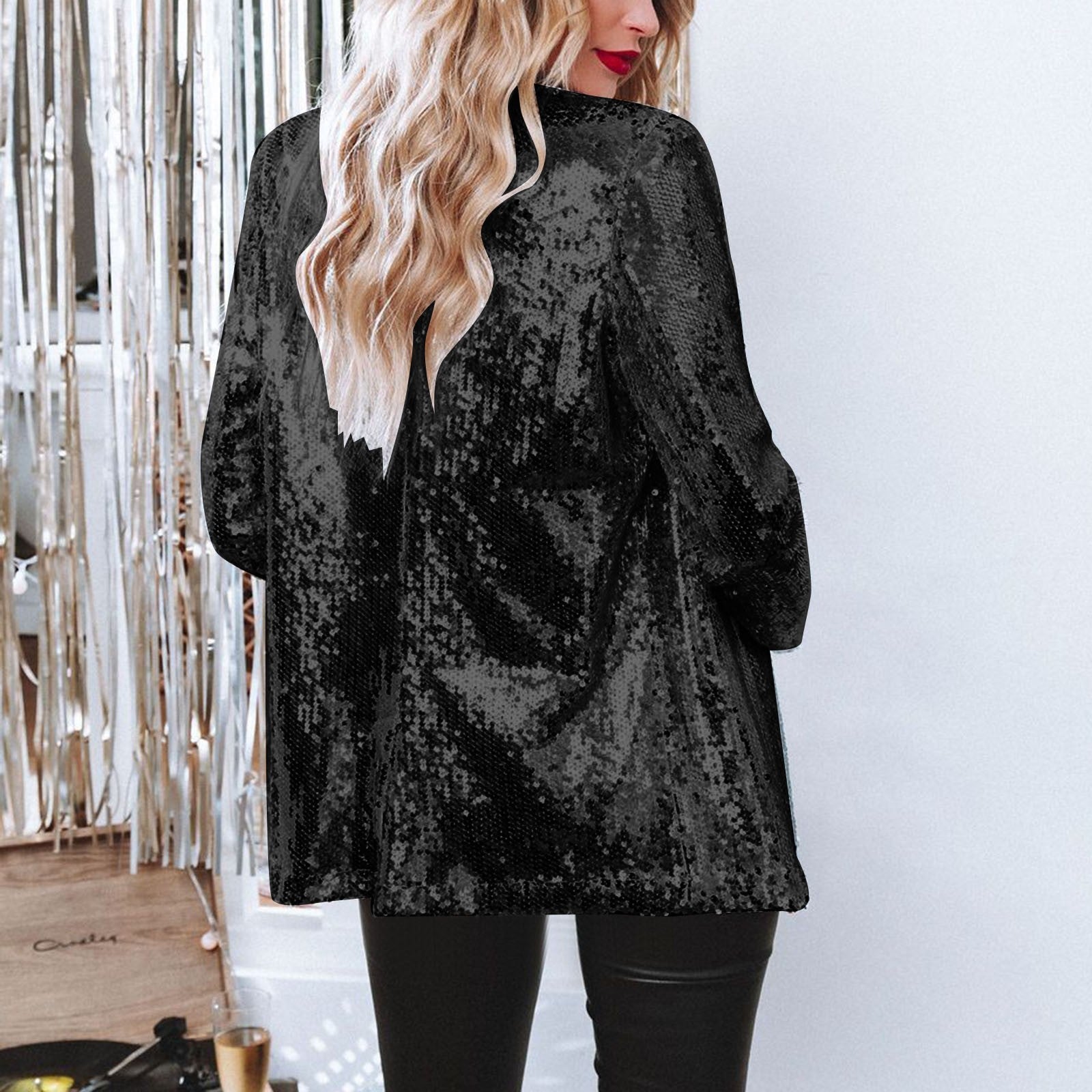 Blazer Women Sequins Shiny Open Long Sleeve for Party Outfits 4
