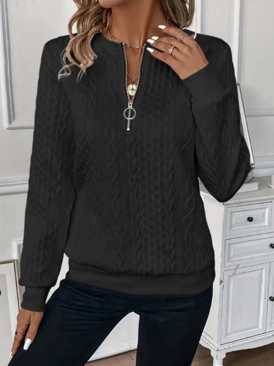 Women’s Textured Half Zip Sweatshirt | Long Sleeve