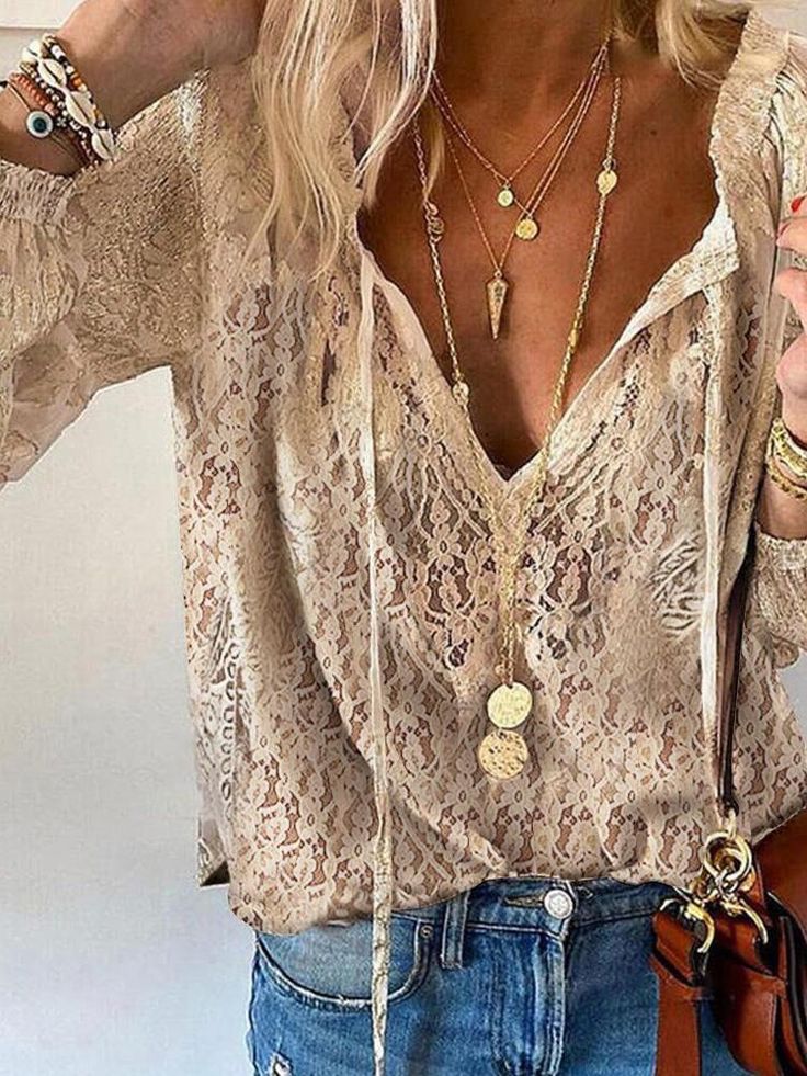 Boho-style blouse with slit neckline for women | Vintage 0