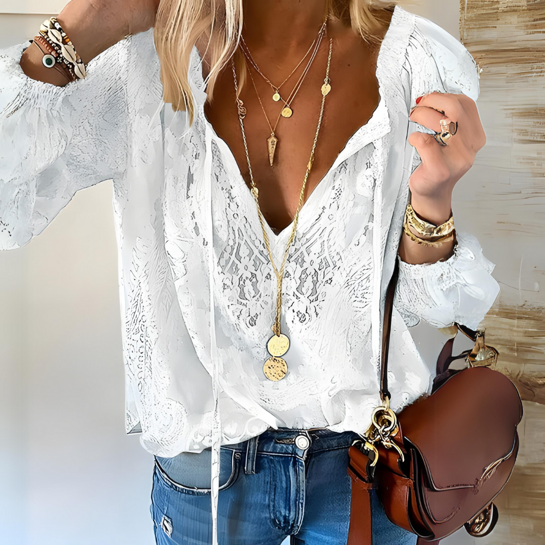Boho-style blouse with slit neckline for women | Vintage 1
