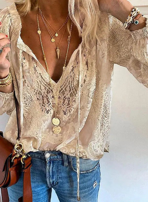 Boho-style blouse with slit neckline for women | Vintage 4