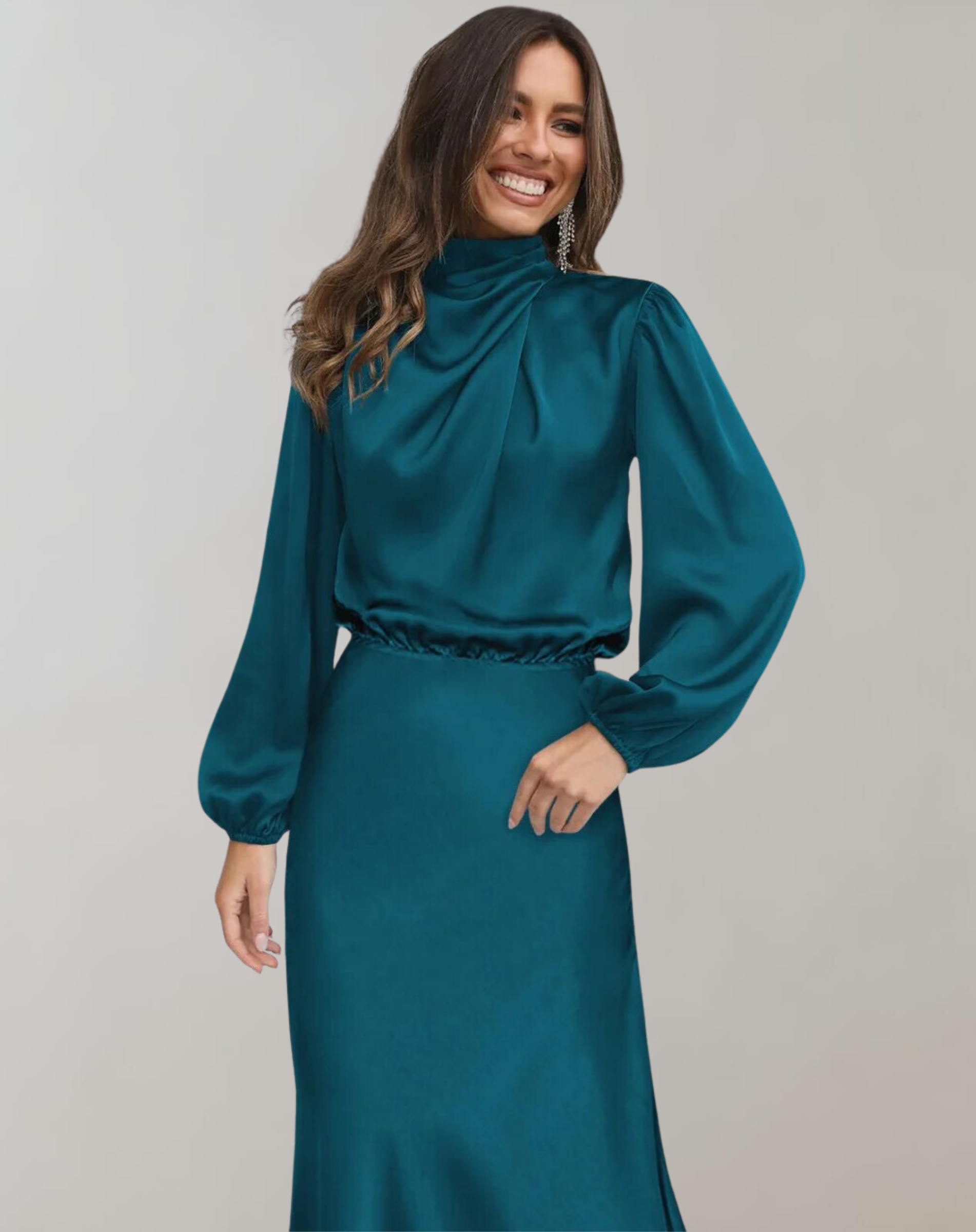Delphin - Elegant Satin Dress with Long Sleeves 0