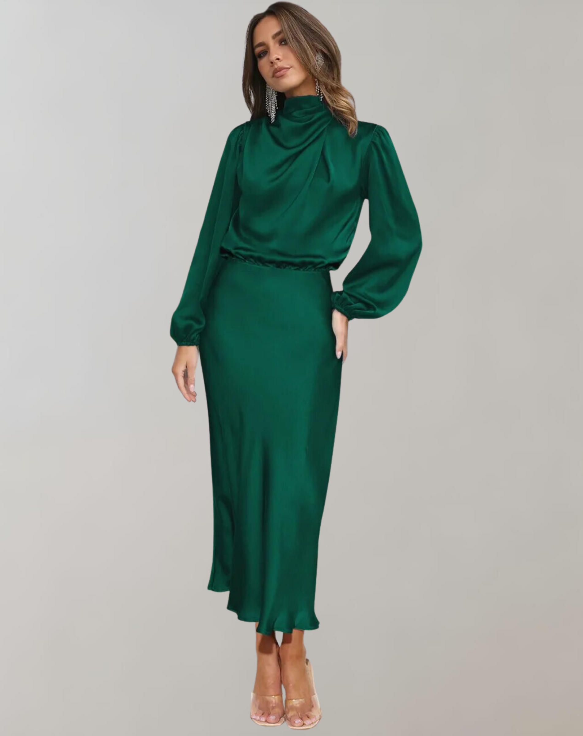 Delphin - Elegant Satin Dress with Long Sleeves 2