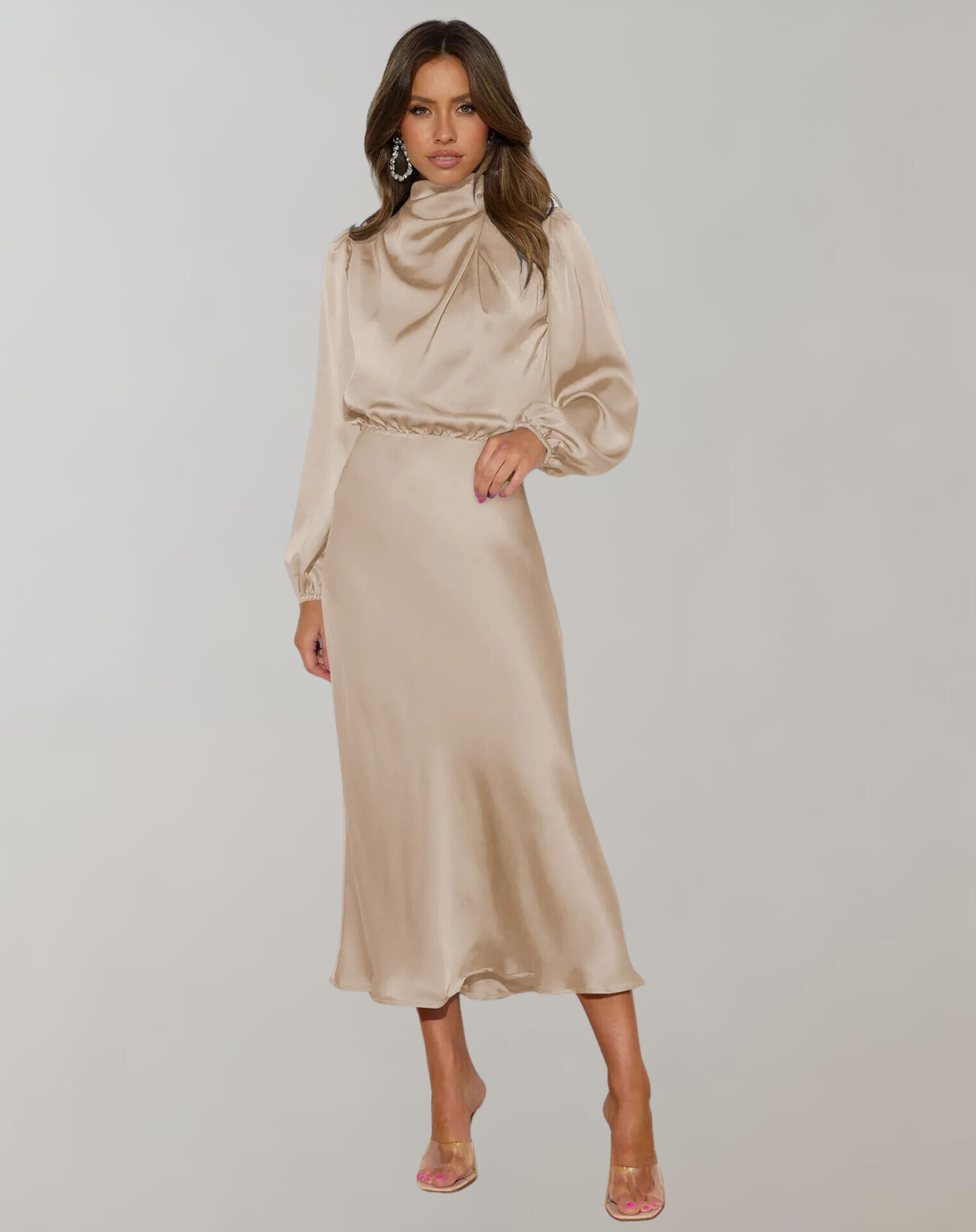 Delphin - Elegant Satin Dress with Long Sleeves 3