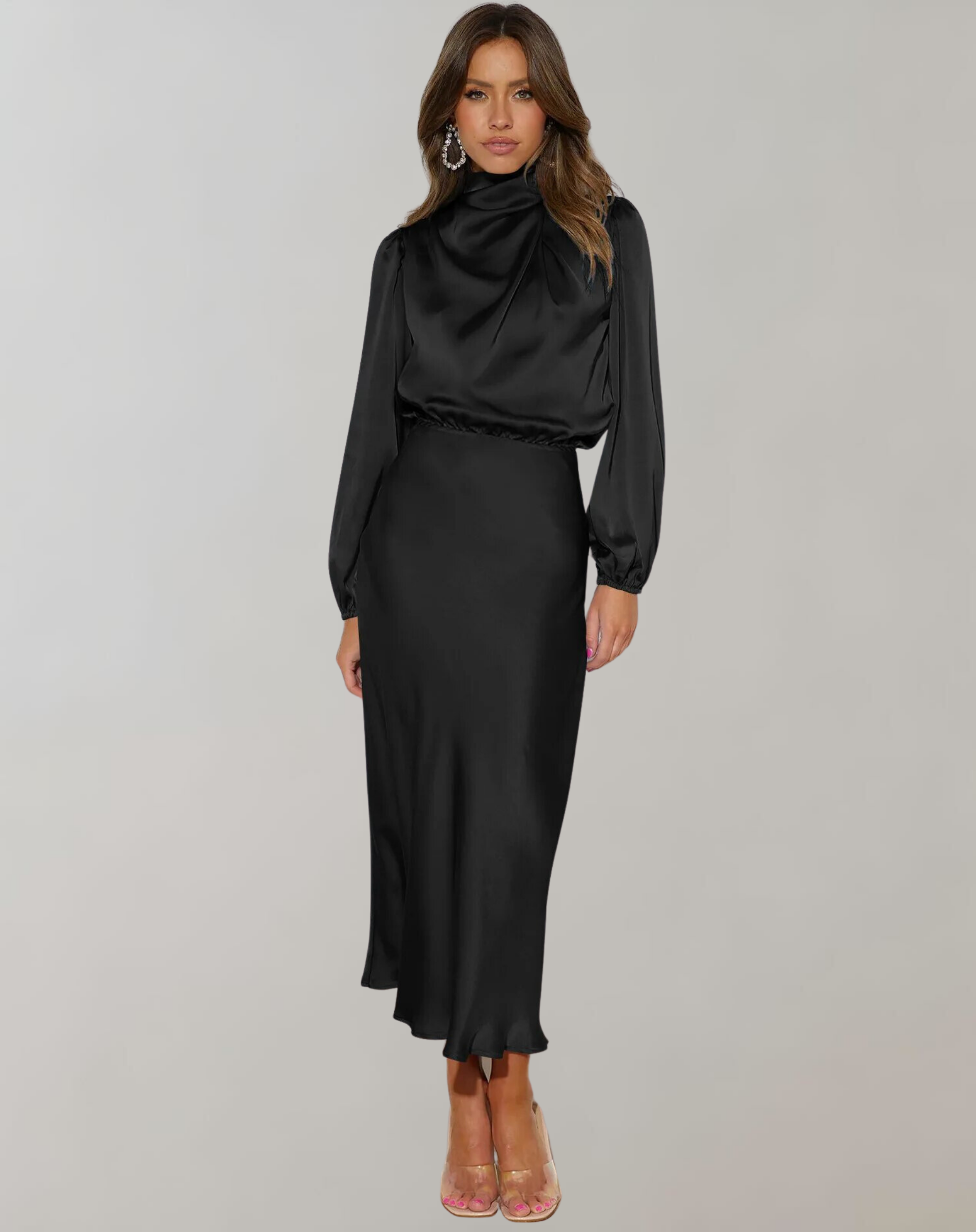 Delphin - Elegant Satin Dress with Long Sleeves 5