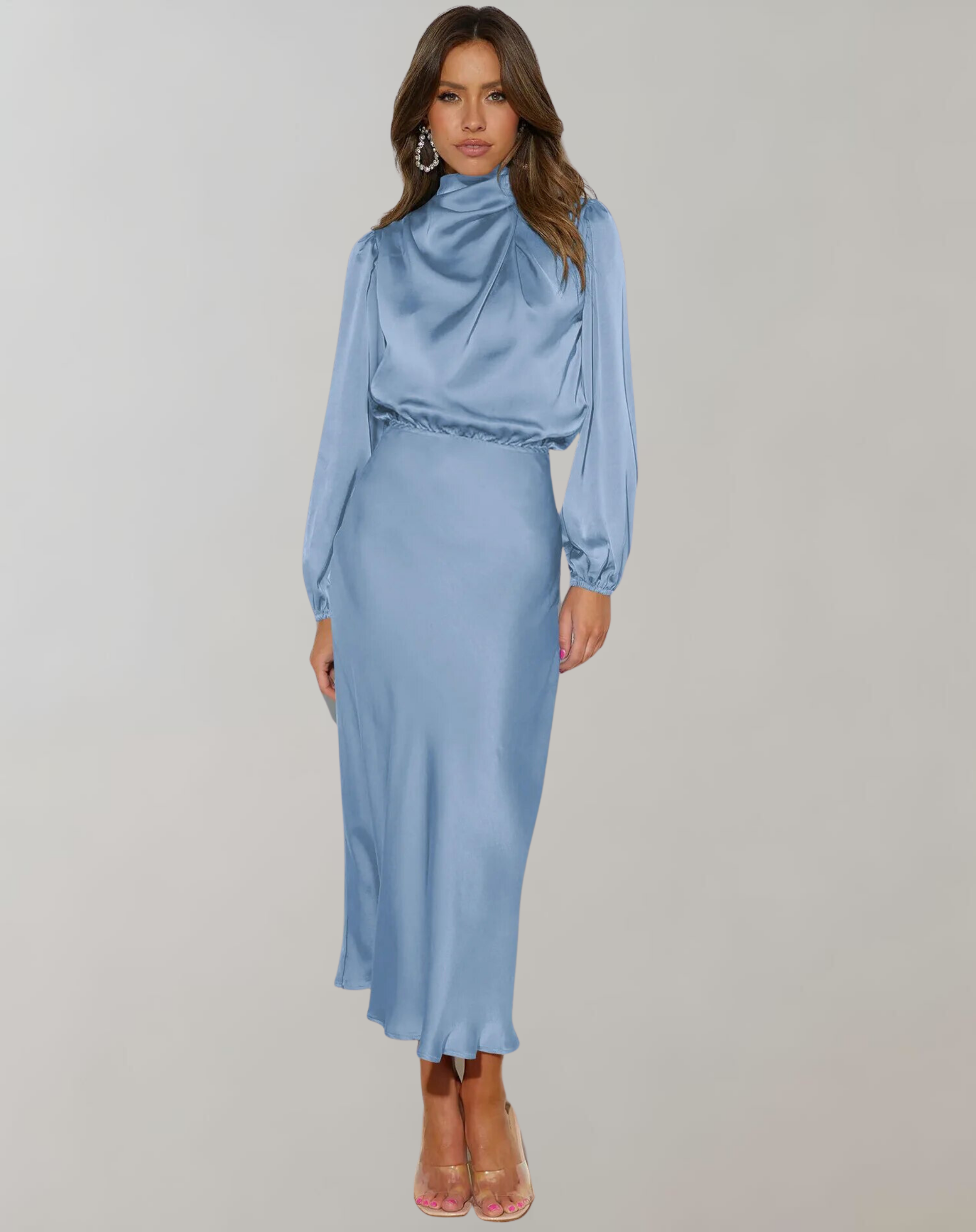 Delphin - Elegant Satin Dress with Long Sleeves 6