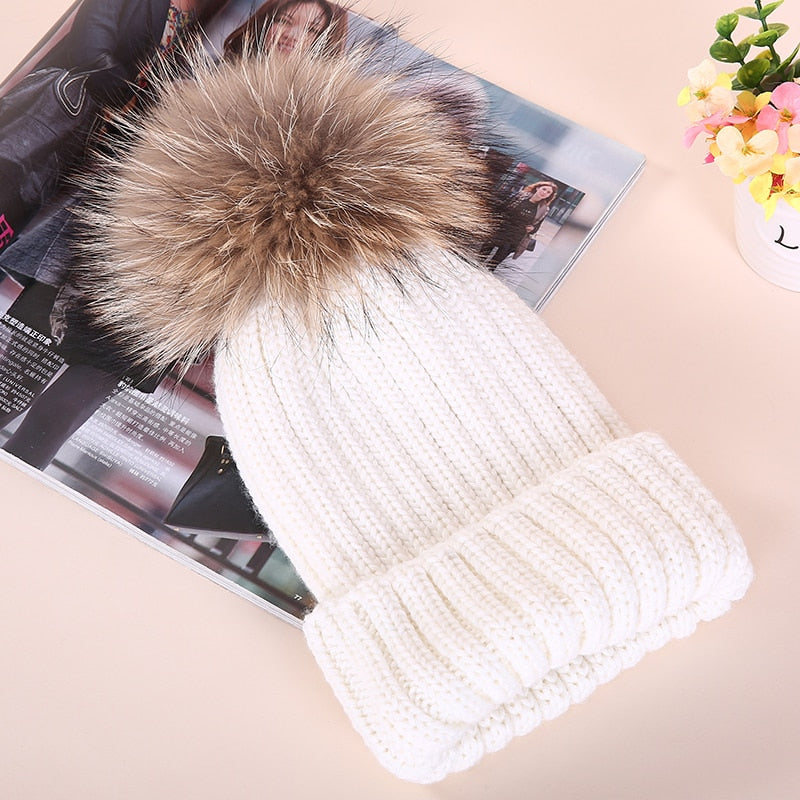 Knitted hat with faux fox fur pompom for cold winter days 0