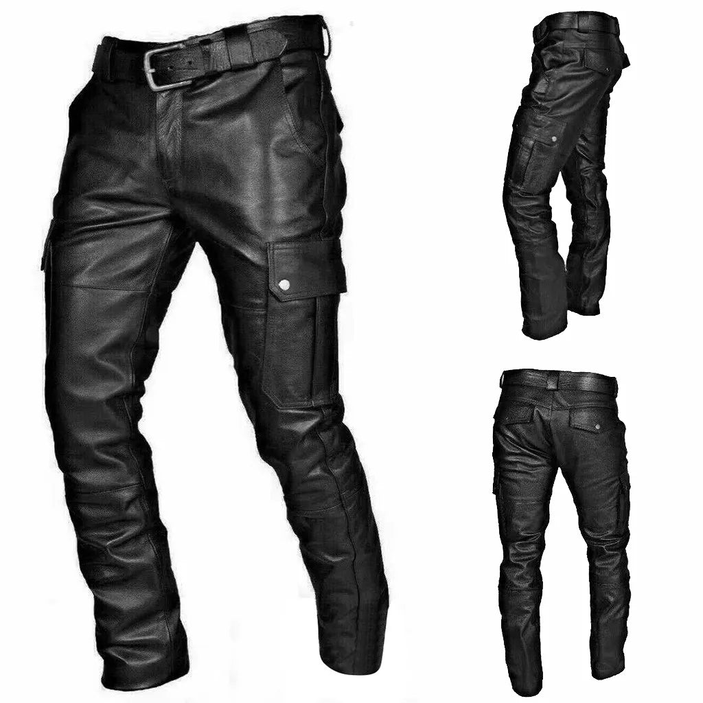 Men's Biker Pants - Stylish Faux Leather Motorcycle Trousers with Cargo Pockets 0