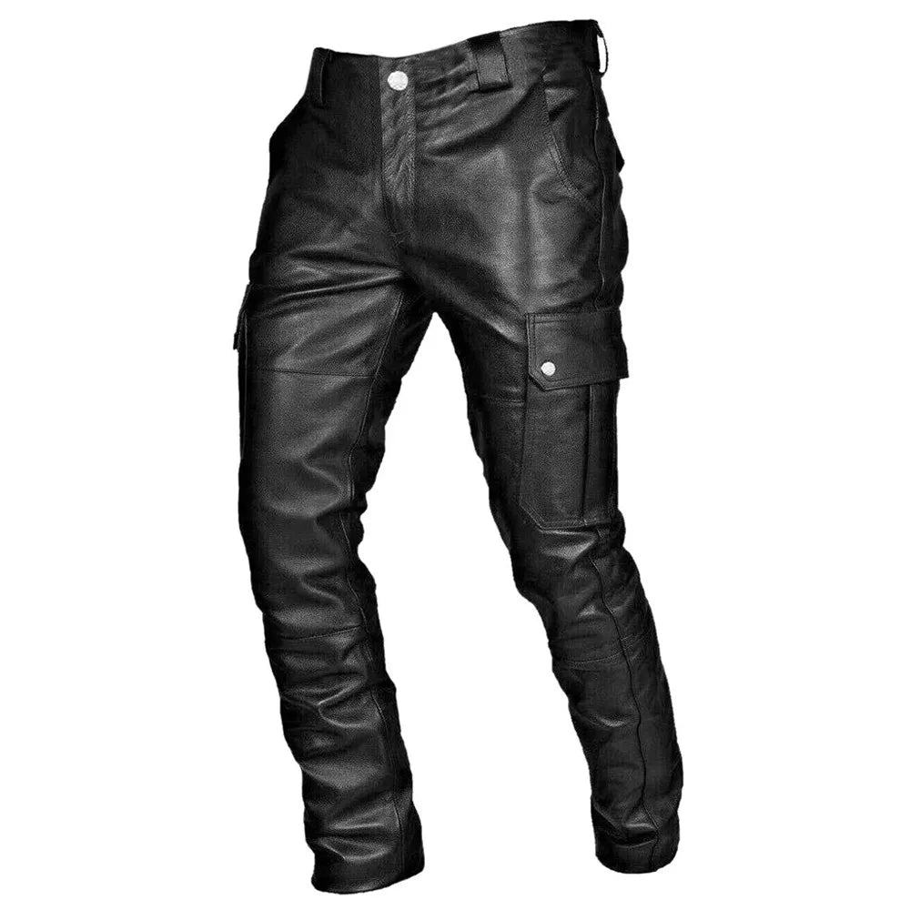 Men's Biker Pants - Stylish Faux Leather Motorcycle Trousers with Cargo Pockets 1