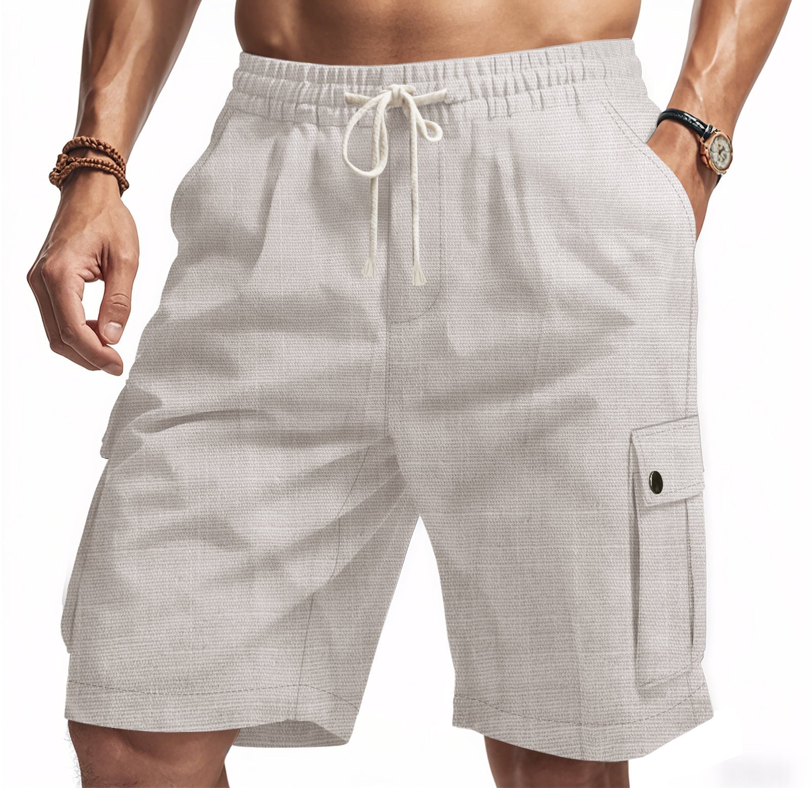 Men’s Cargo Shorts – Bamboo Linen – Relaxed Fit – Elastic Waist – Multi Pocket 0