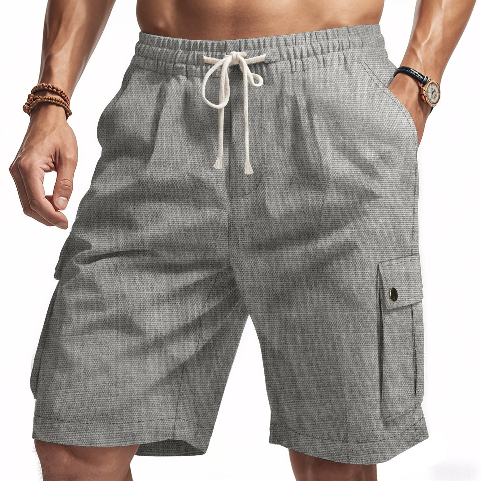 Men’s Cargo Shorts – Bamboo Linen – Relaxed Fit – Elastic Waist – Multi Pocket 1